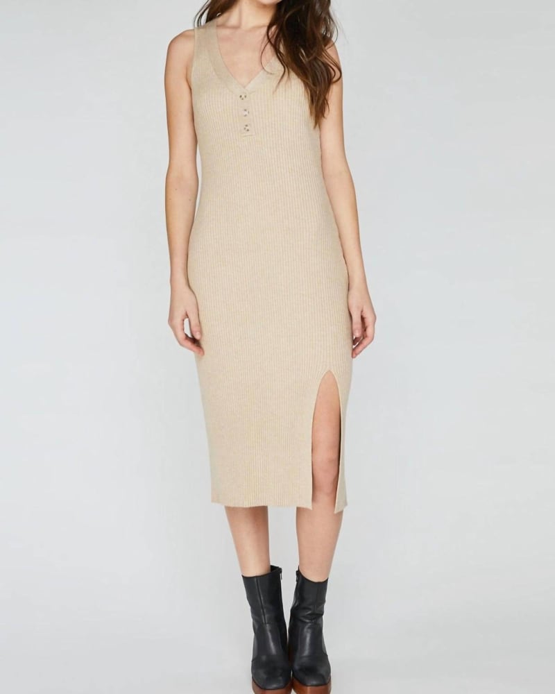 Front of a model wearing a size lrg Chelsea Dress In Heather Oat in Heather Oat by Gentle Fawn. | dia_product_style_image_id:344762